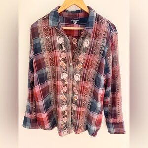 Johnny Was Red and Blue Embroidered Plaid Button Down Shirt